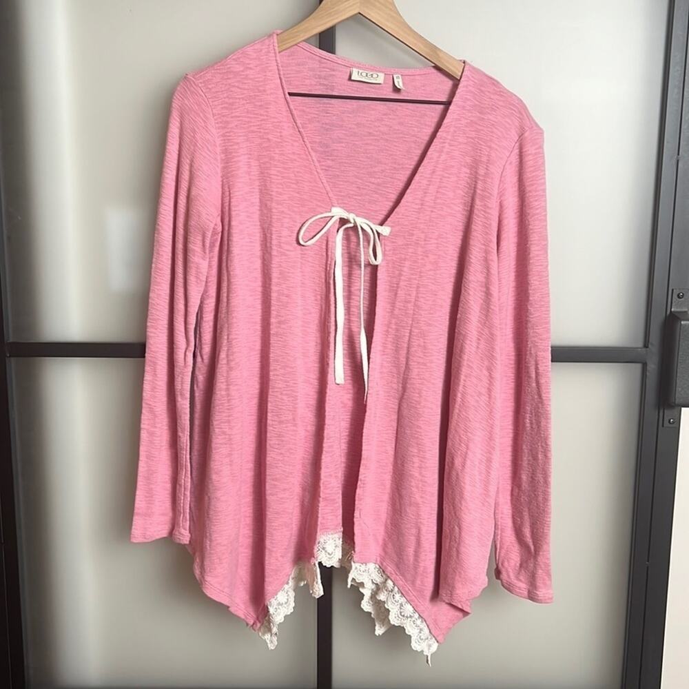 LOGO by Lori Goldstein Pink Tie Front Shrug with Lace Details Size XS